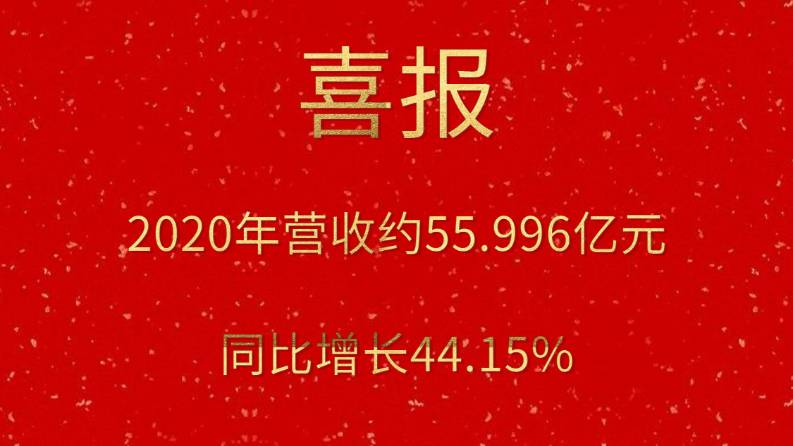 喜报！2020年营收约55.996亿元，，，，，同比增添44.15%